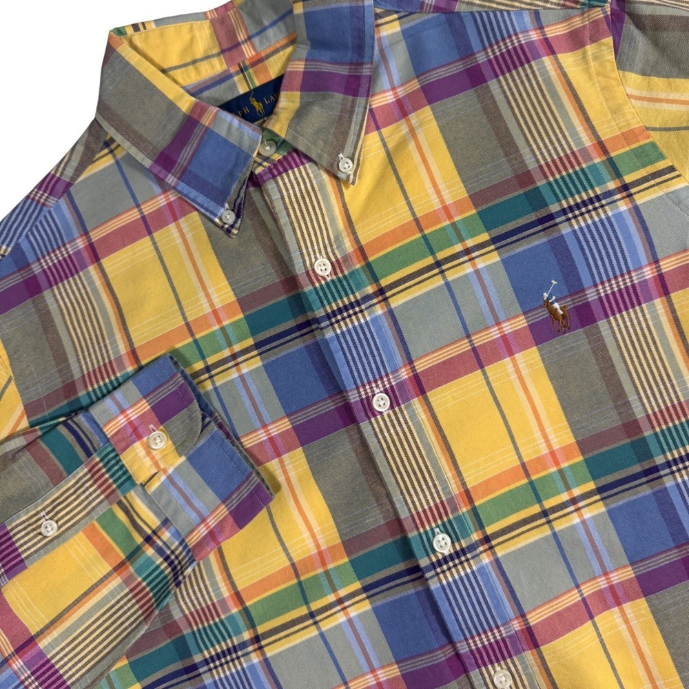 Ralph Lauren Plaid Oxford Button Down Shirt Men M Yellow Multi Color Long Sleeve